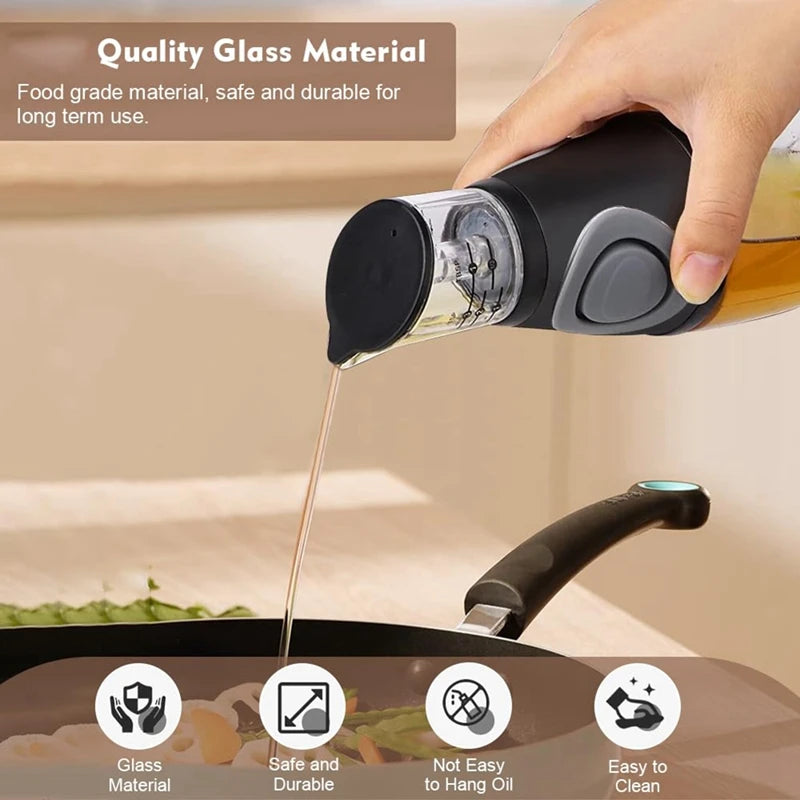 Glass Oil Dispenser Bottle with Dosing Pump and Measuring Cup - 250 ml + Cleaning Brush