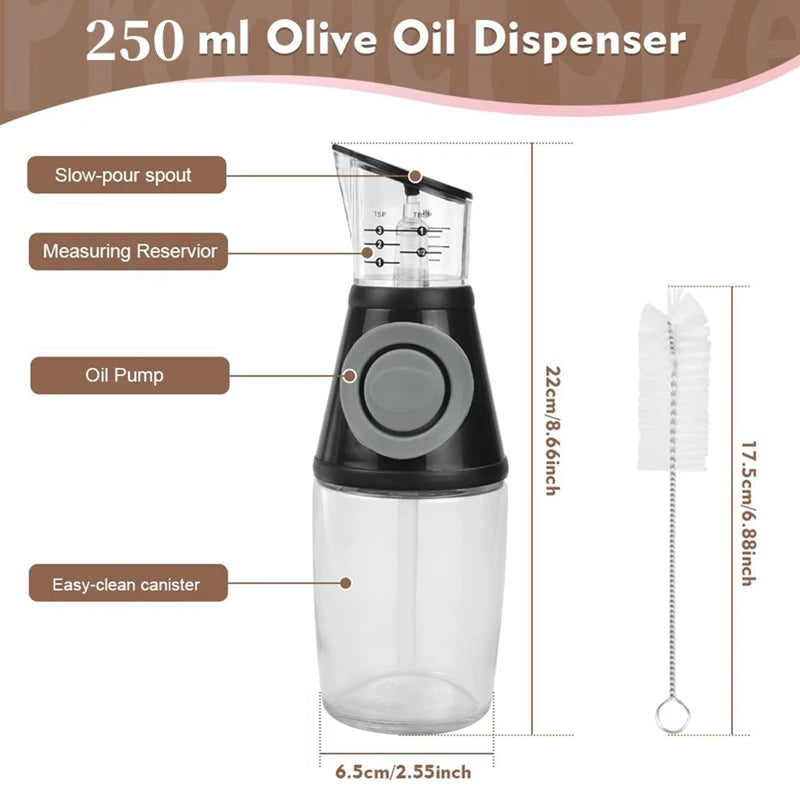 Glass Oil Dispenser Bottle with Dosing Pump and Measuring Cup - 250 ml + Cleaning Brush