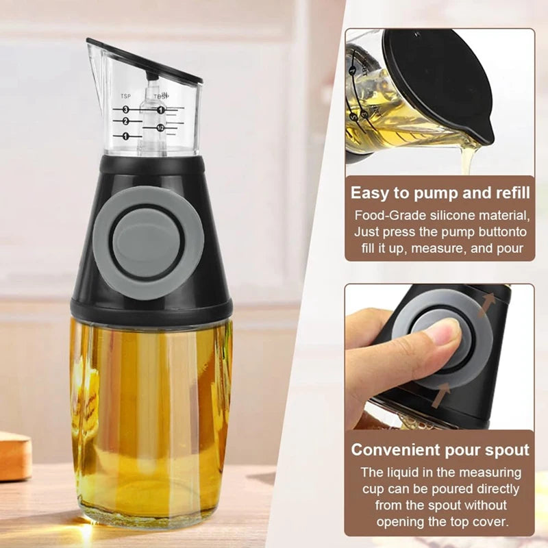 Glass Oil Dispenser Bottle with Dosing Pump and Measuring Cup - 250 ml + Cleaning Brush